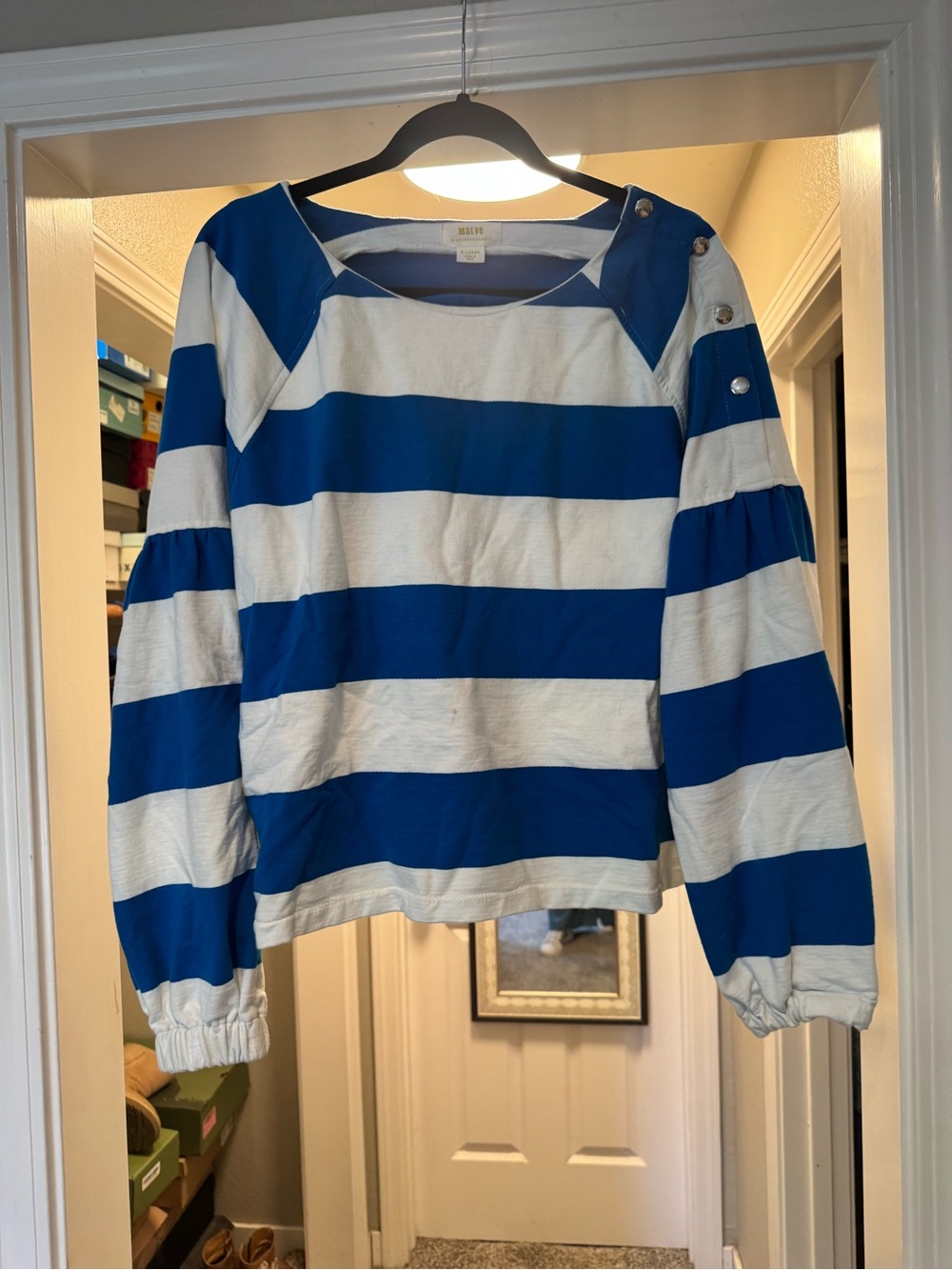 Maeve French Terry Sweatshirt Blue and White Striped Button-Shoulder Pullover